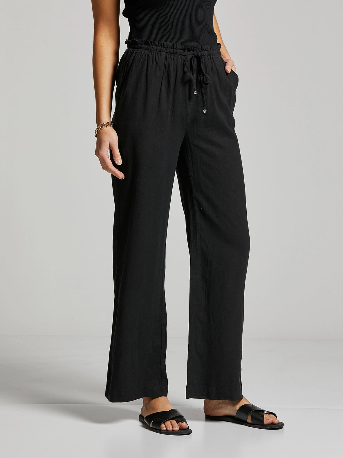 Black Drawstring Linen Pants