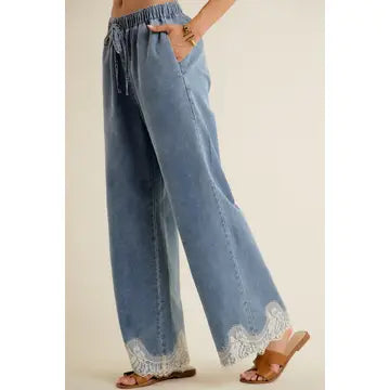 Lace Trim Denim Pants