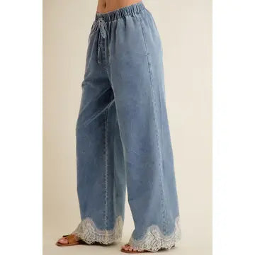 Lace Trim Denim Pants