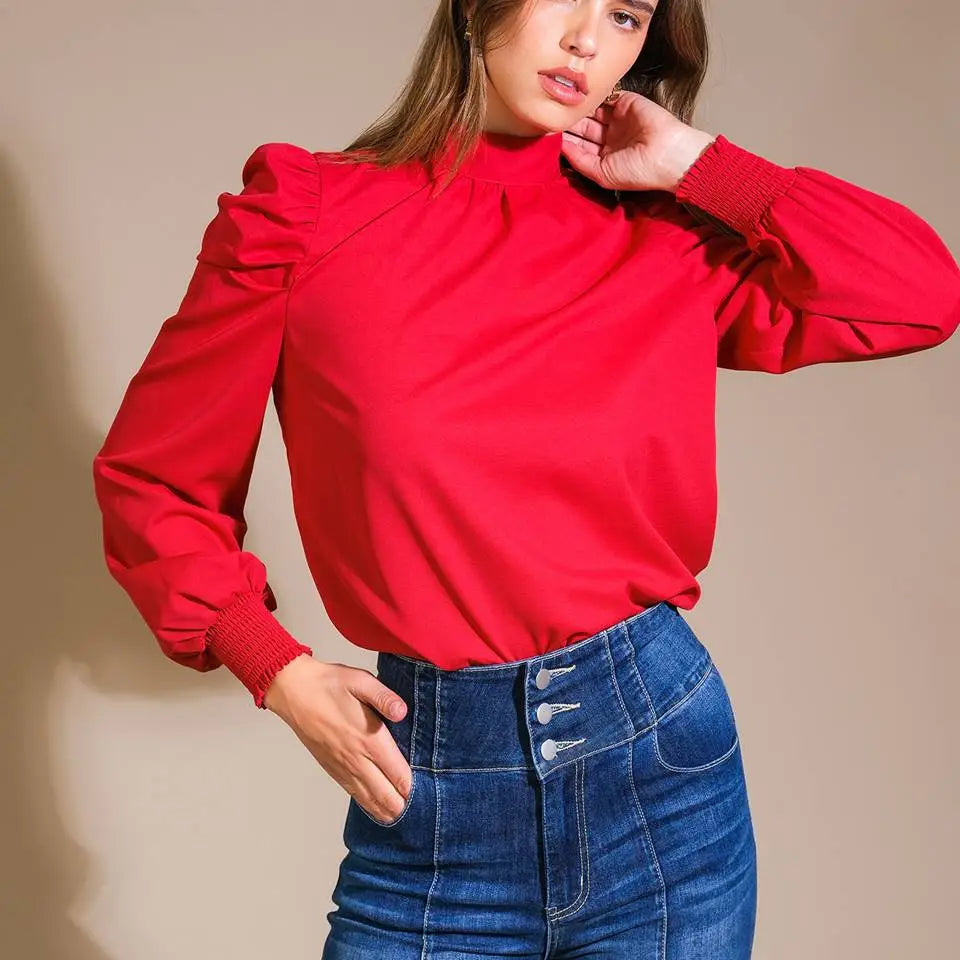 Red Puff Sleeve Blouse