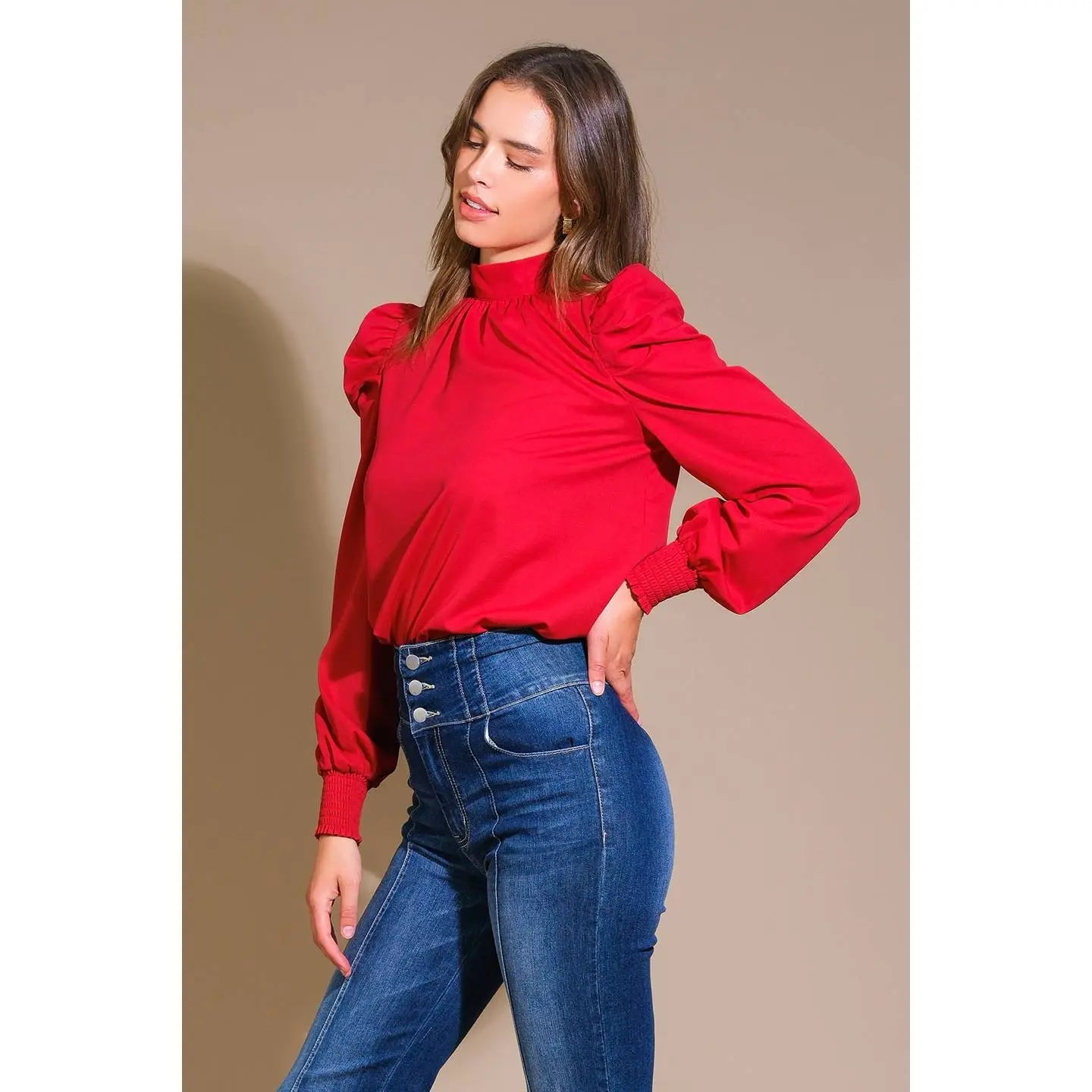 Red Puff Sleeve Blouse